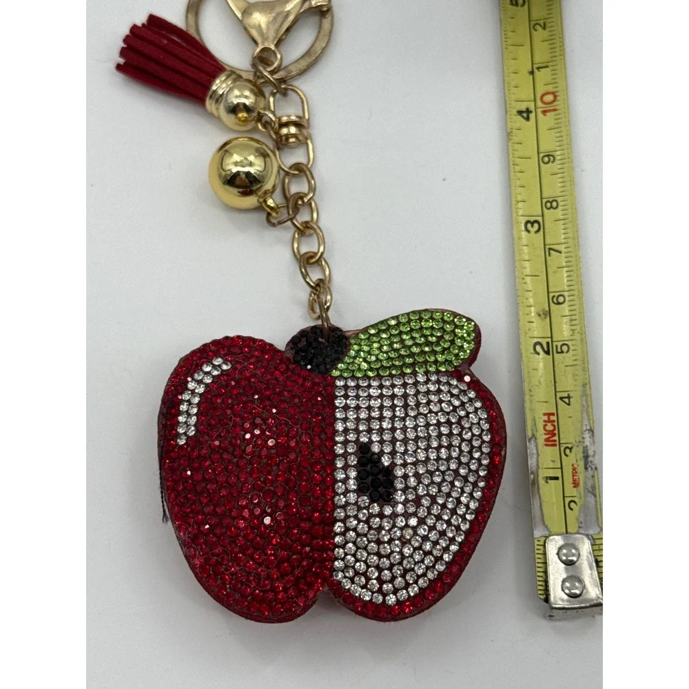 Rhinestone Apple Keychain Red Bag Charm Tassel Gold Tone Key Ring